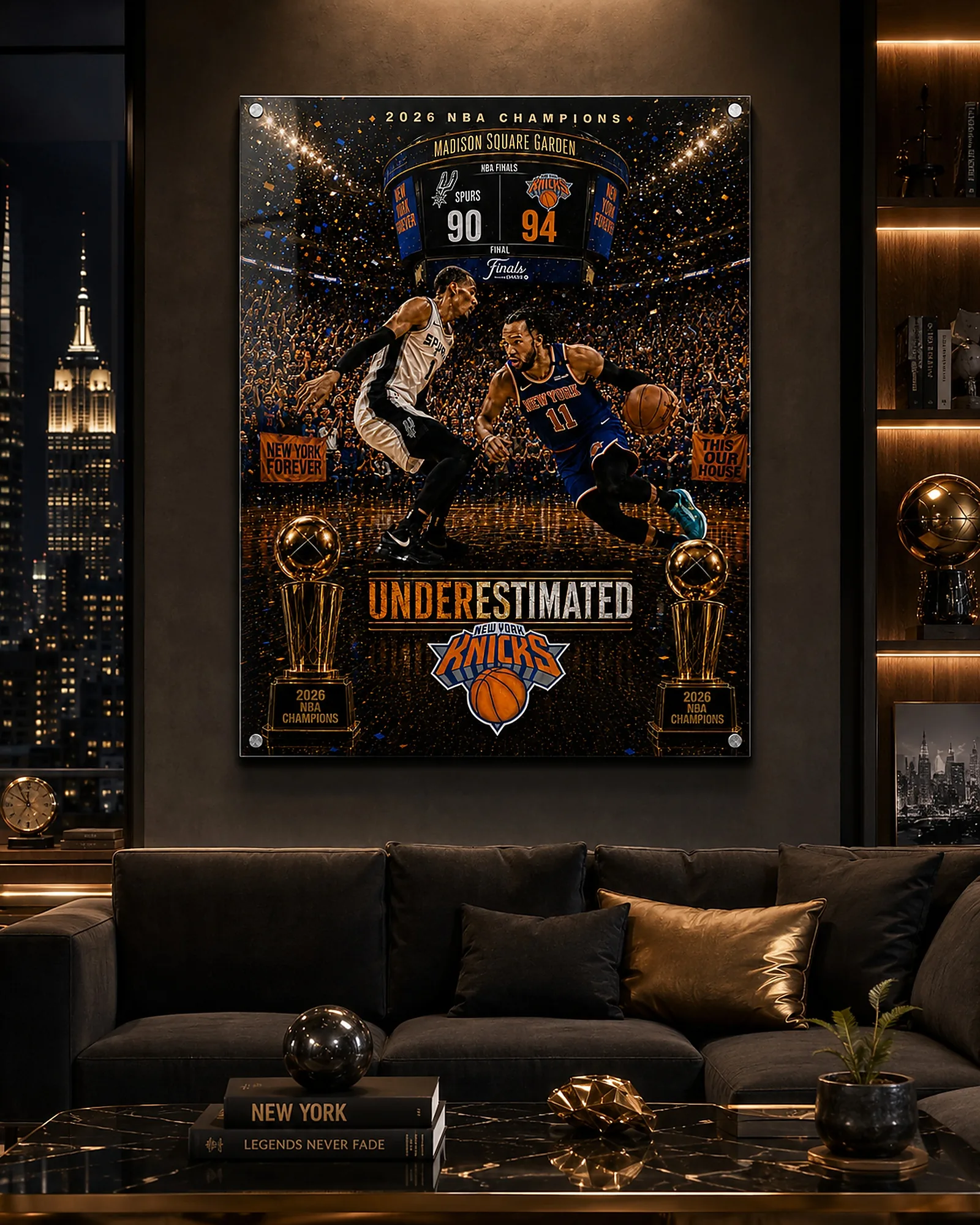 UNDERestimated championship collector acrylic wall art displayed above a couch in a luxury New York living room